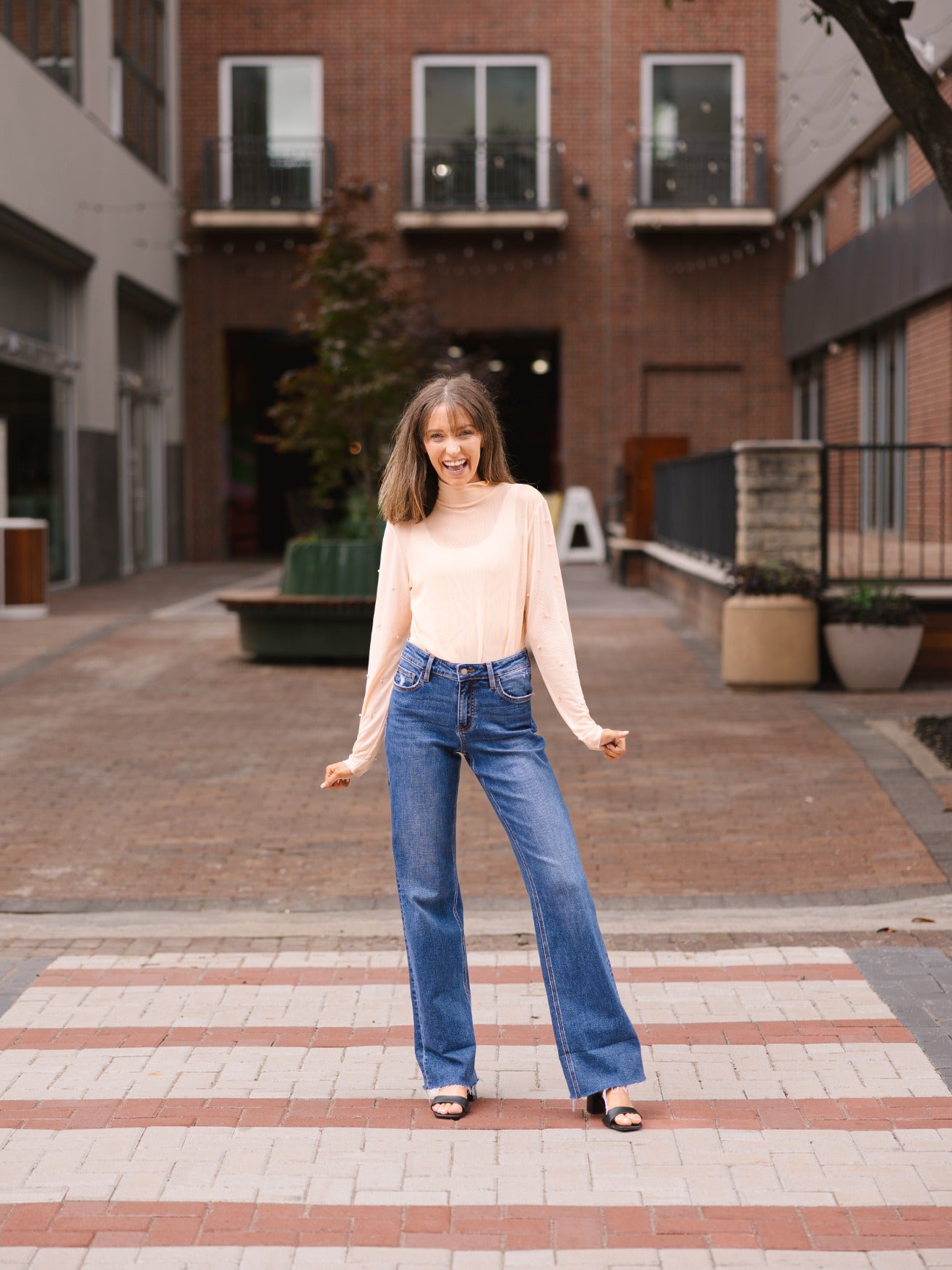 Mock Neck Mesh Top with Pearl Detail, Champagne