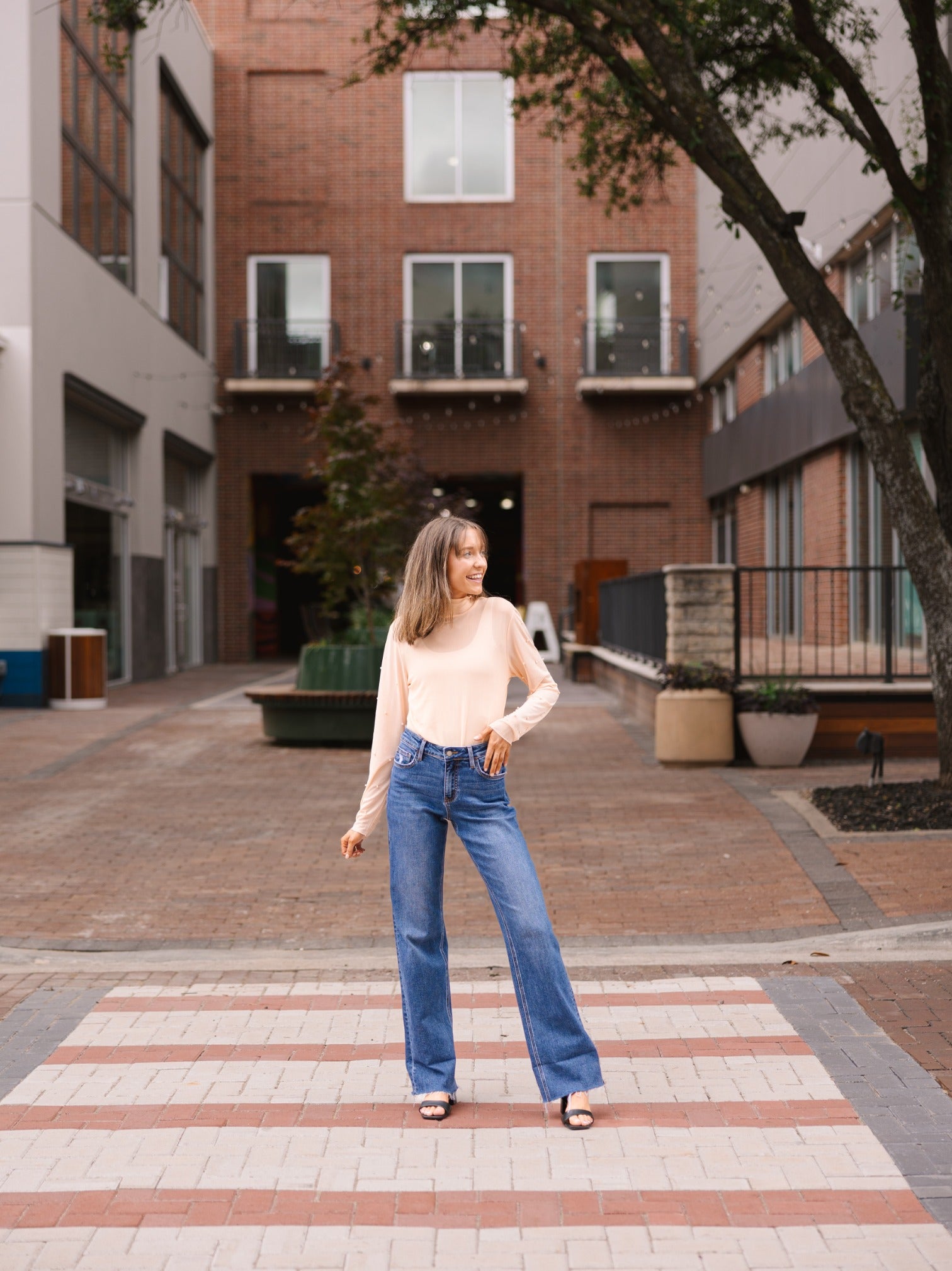 Mock Neck Mesh Top with Pearl Detail, Champagne