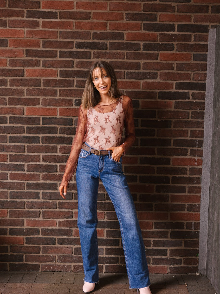 Lace Long-sleeve Top, Brown