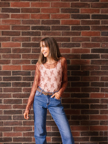 Lace Long-sleeve Top, Brown