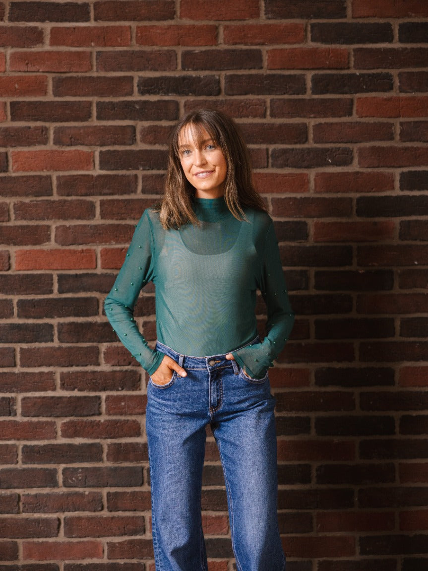 Mock Neck Mesh Top with Pearl Detail, Green