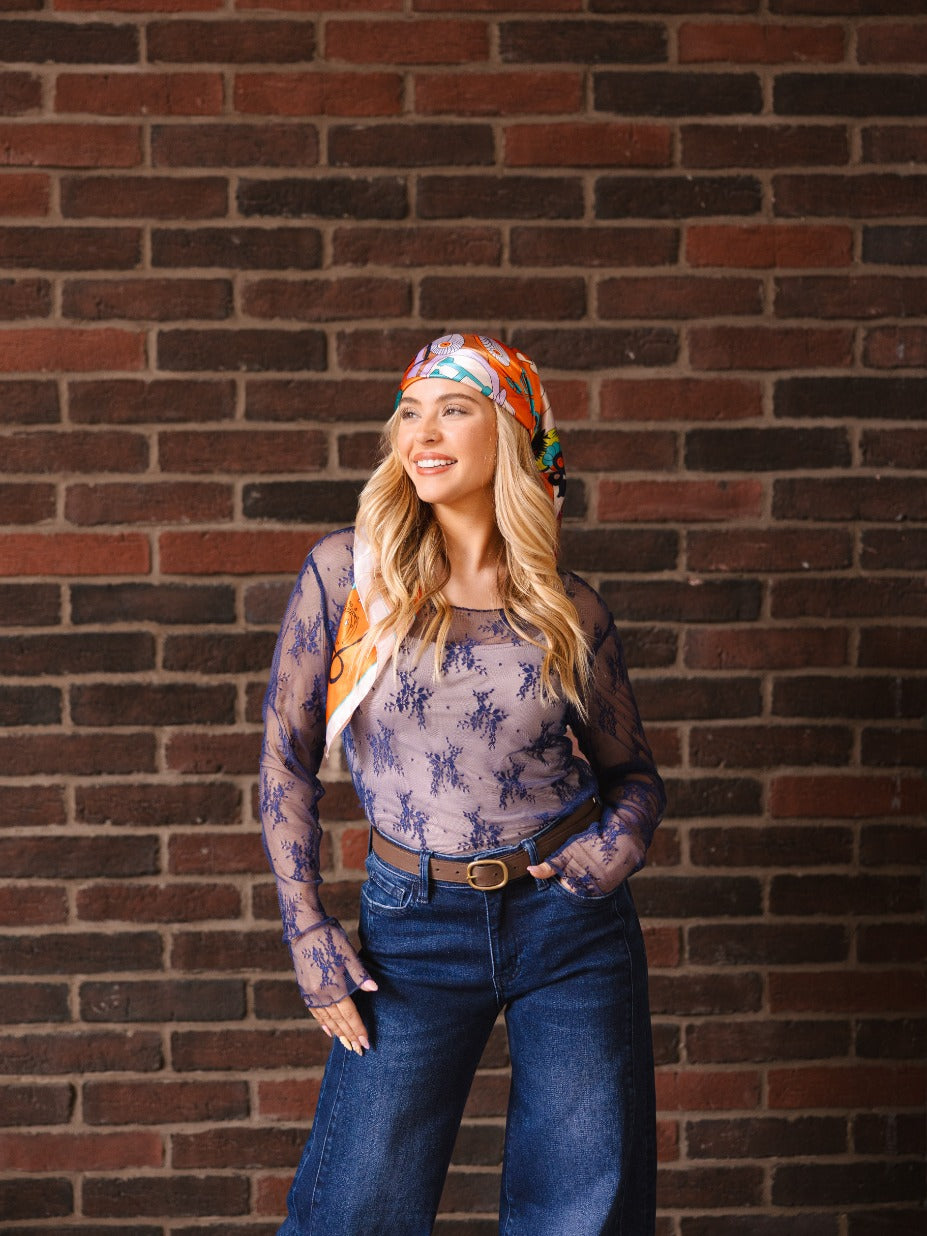 Lace Long-sleeve Top, Navy