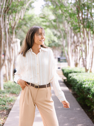 Kathryn Classic Button-Up, Beige Stripes