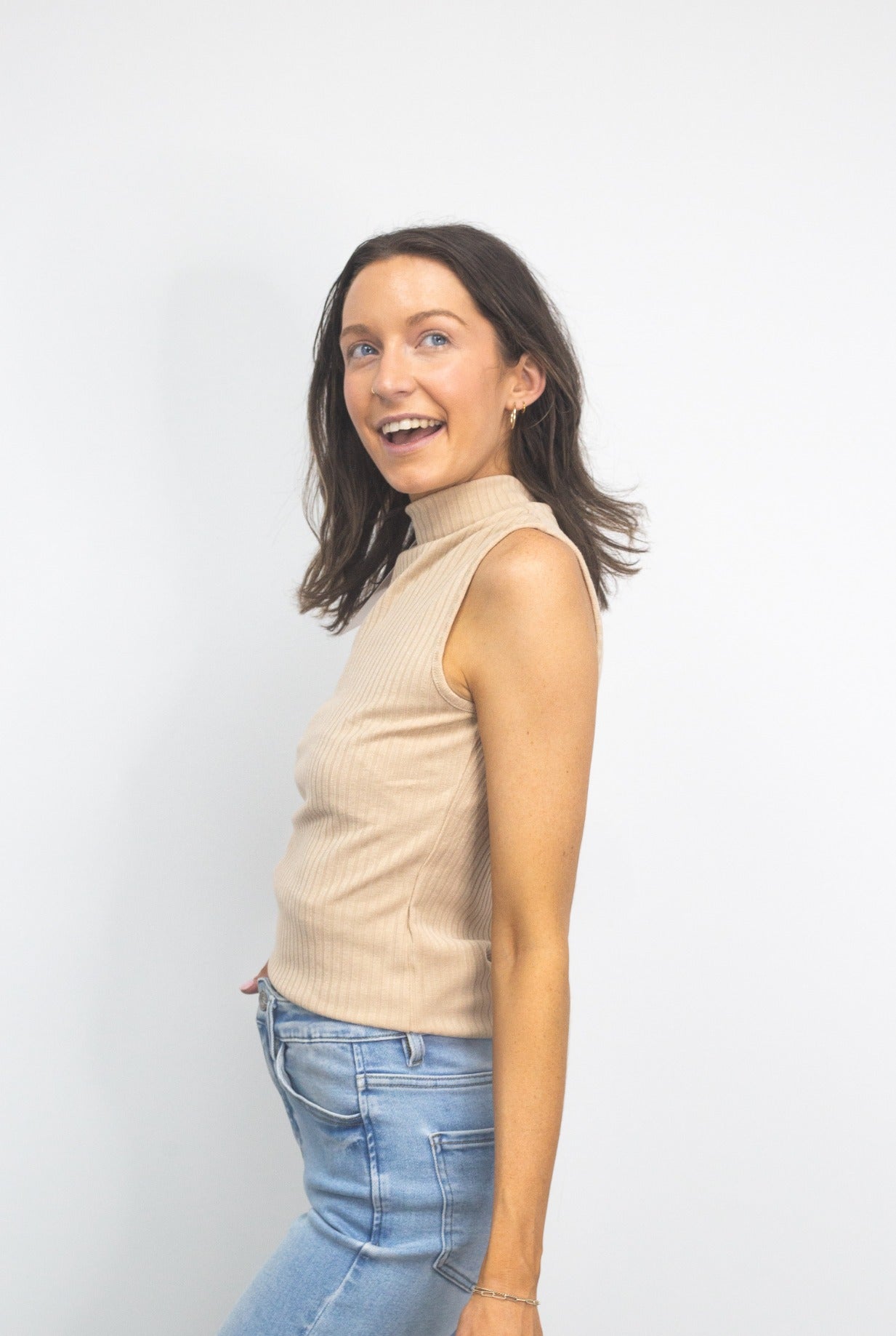 Sleeveless Ribbed Turtleneck, Tan