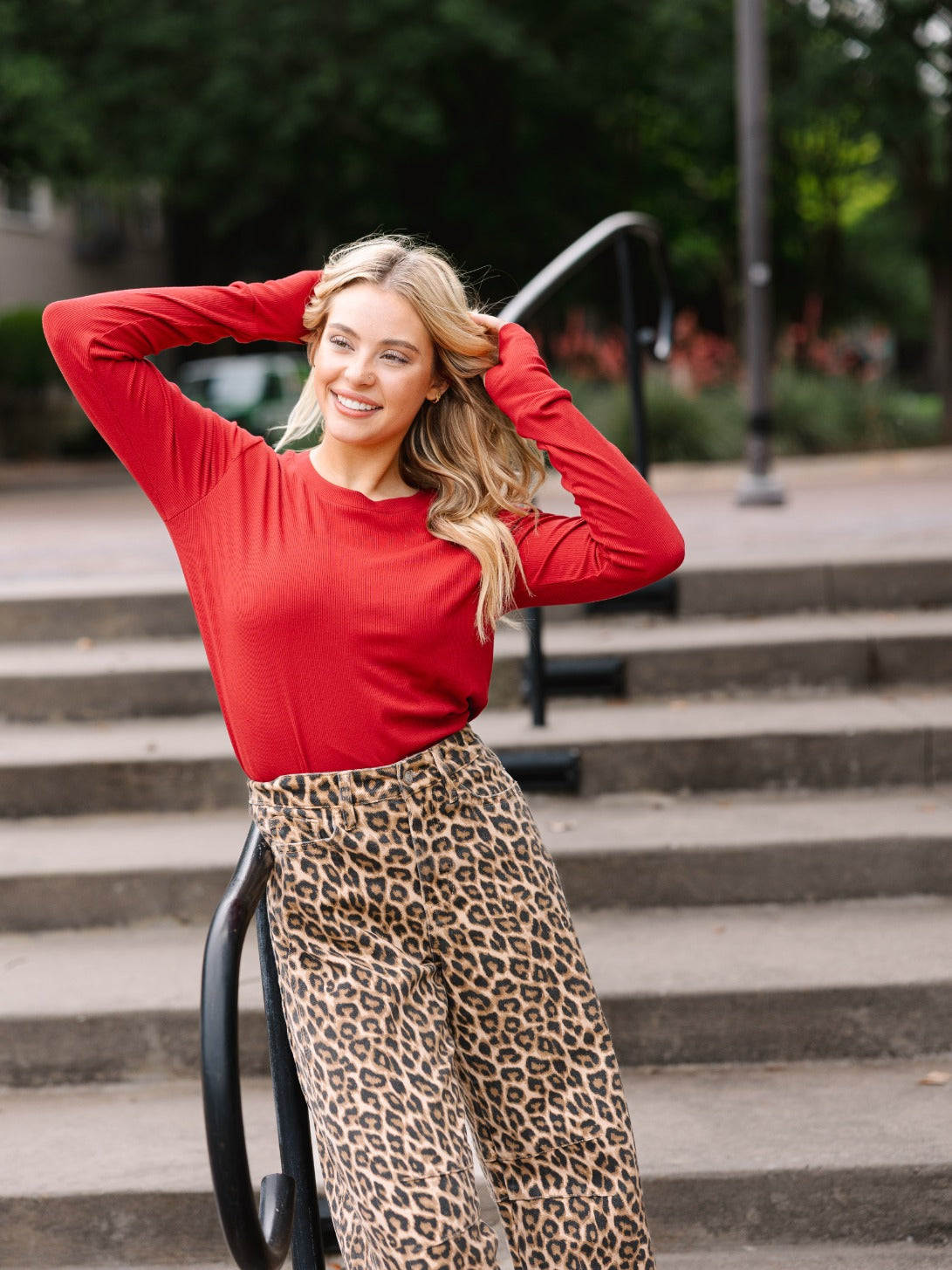 Ribbed Long-Sleeve Top, Red