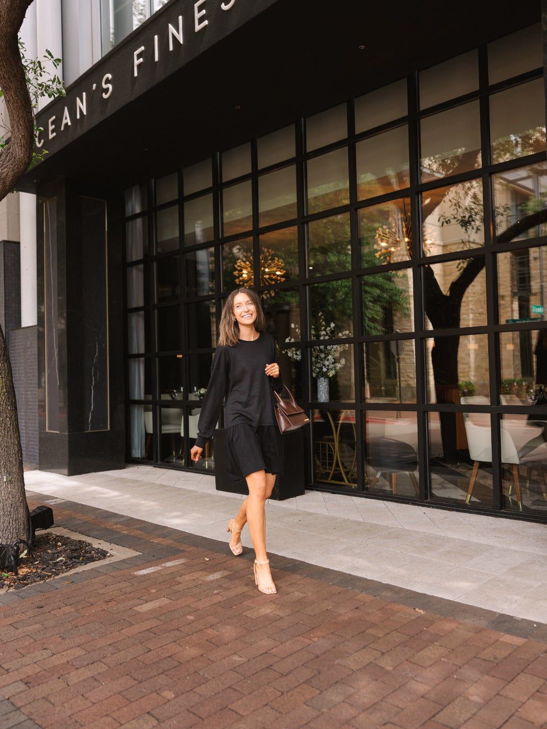 Waffle Knit Long-Sleeve Dress, Black