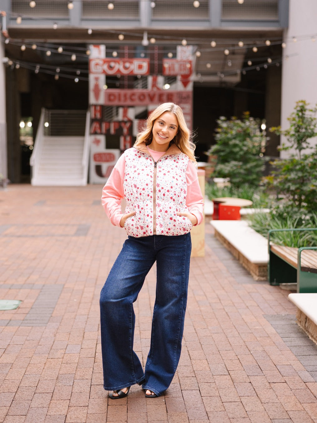 The Gillian Reversible Tan and Floral Puffer Vest