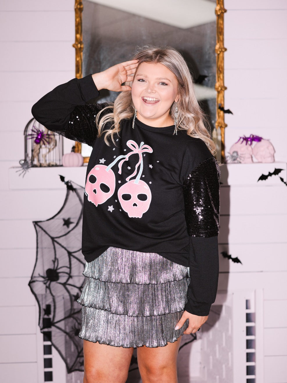 Cherry Skull on Light Weight Sequins Sweatshirt, Black