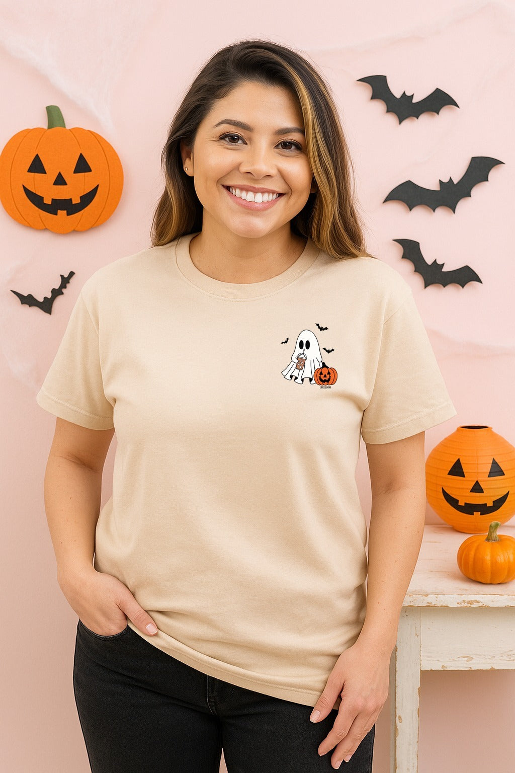 Half Ghost Half Coffee on Beige Tee Shirt