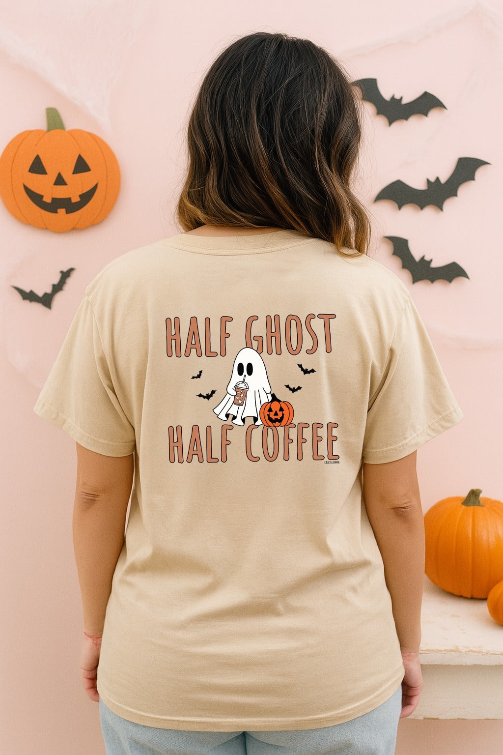 Half Ghost Half Coffee on Beige Tee Shirt