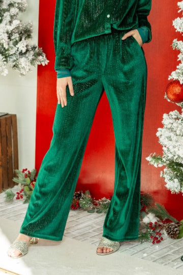 Velvet Straight-Leg Pants, Green