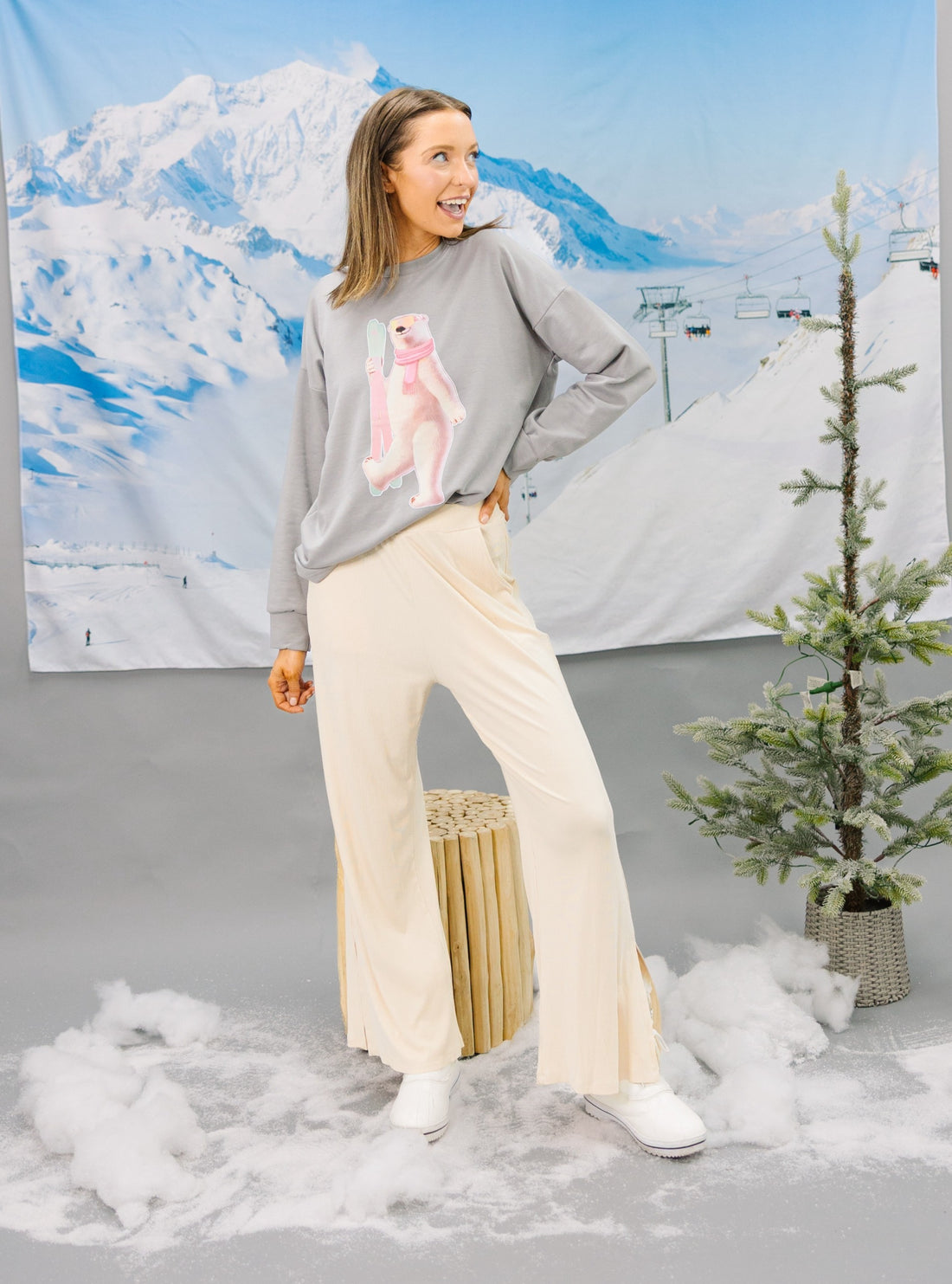 Polar Bear Skiing on Light Weight Sweatshirt, Grey