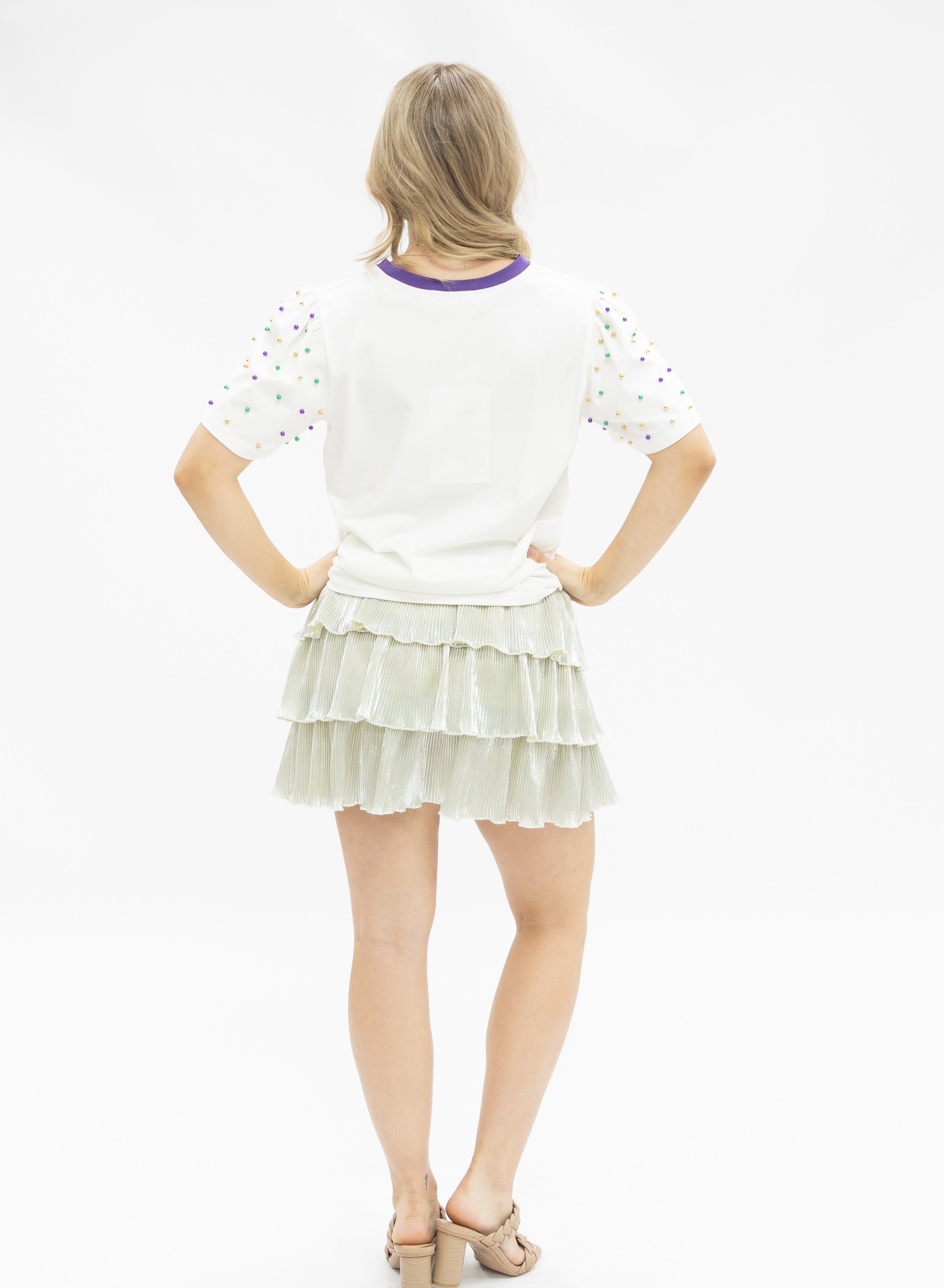 Sequin "Mardi Gras" on White Princess Top