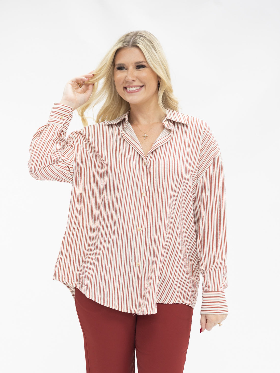 Kathryn Classic Button-Up, Red Stripes