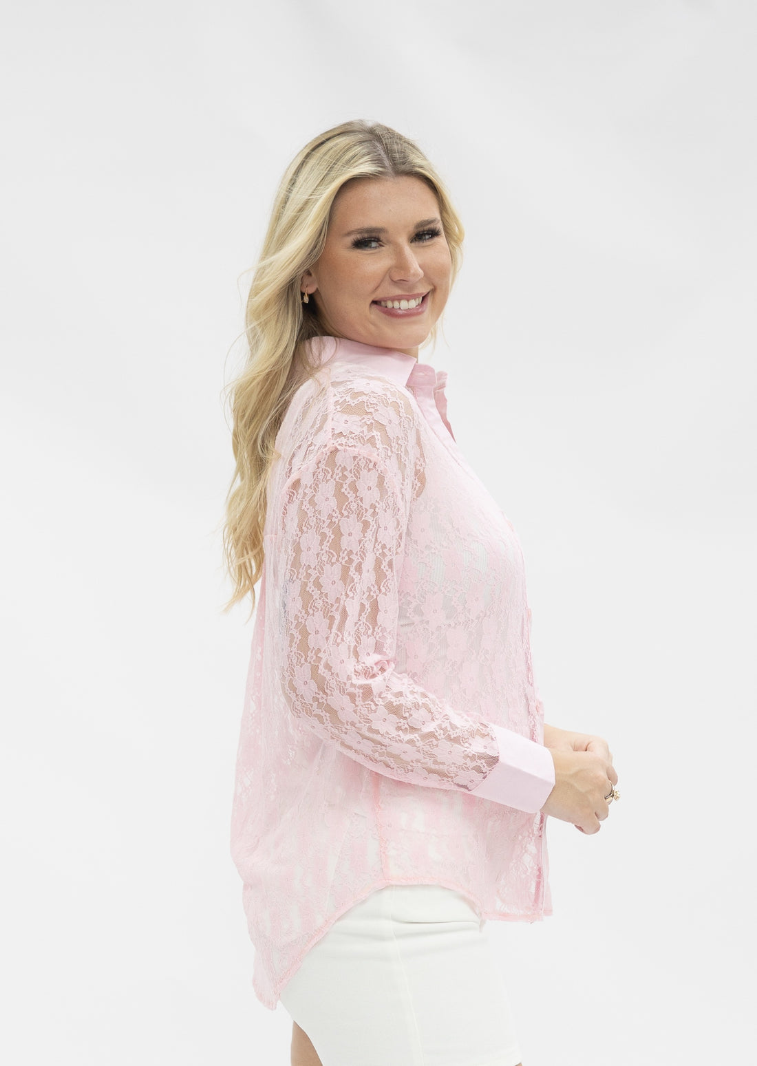 Kathryn Classic Button-Up, Light Pink Lace