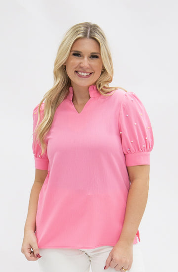 Pink Puff Sleeve Top With Pearl