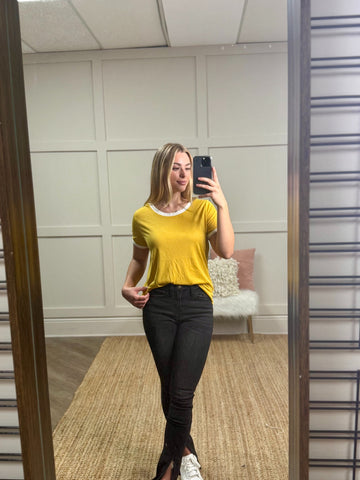 Trim It Down Short Sleeves Ringer T-Shirt, White And Mustard