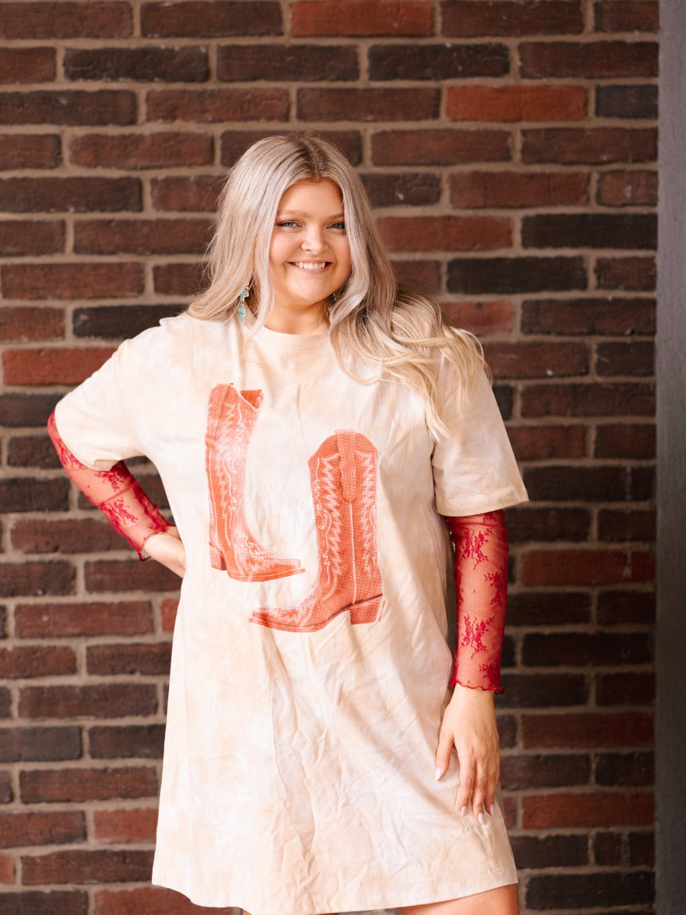 Red Cowgirl Boots on Beige Tie Dye T-Shirt Dress