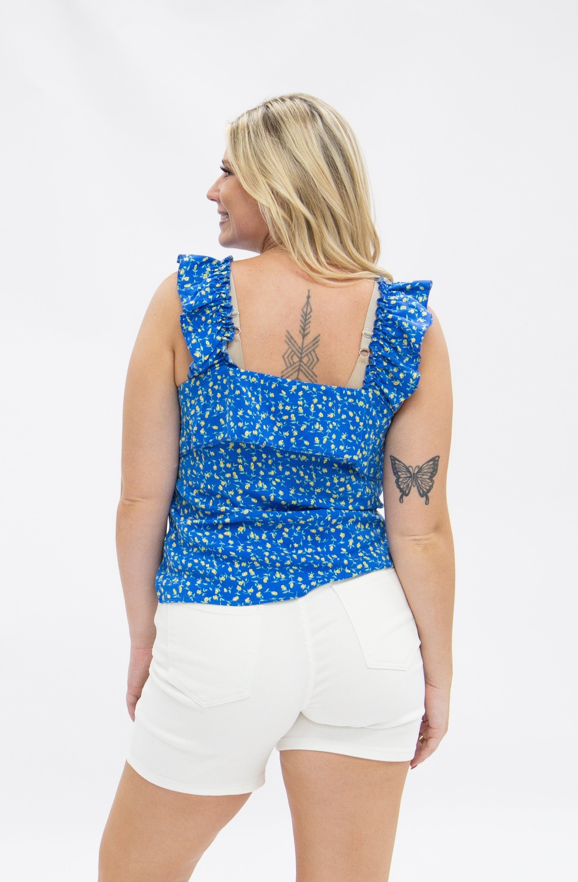 Tank Top with Flounce, Blue Floral