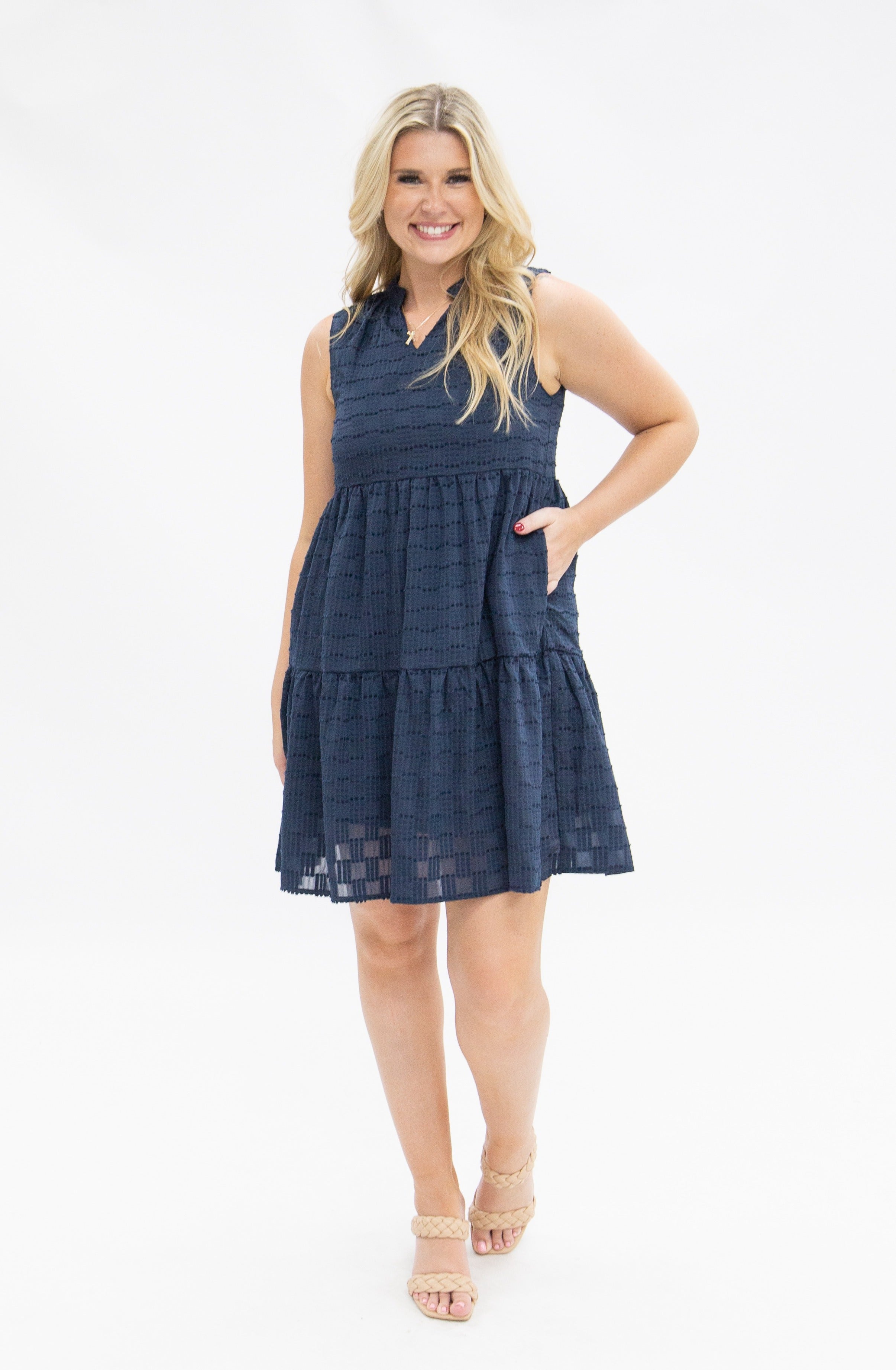 Sleeveless Tiered Dress, Navy Checkered