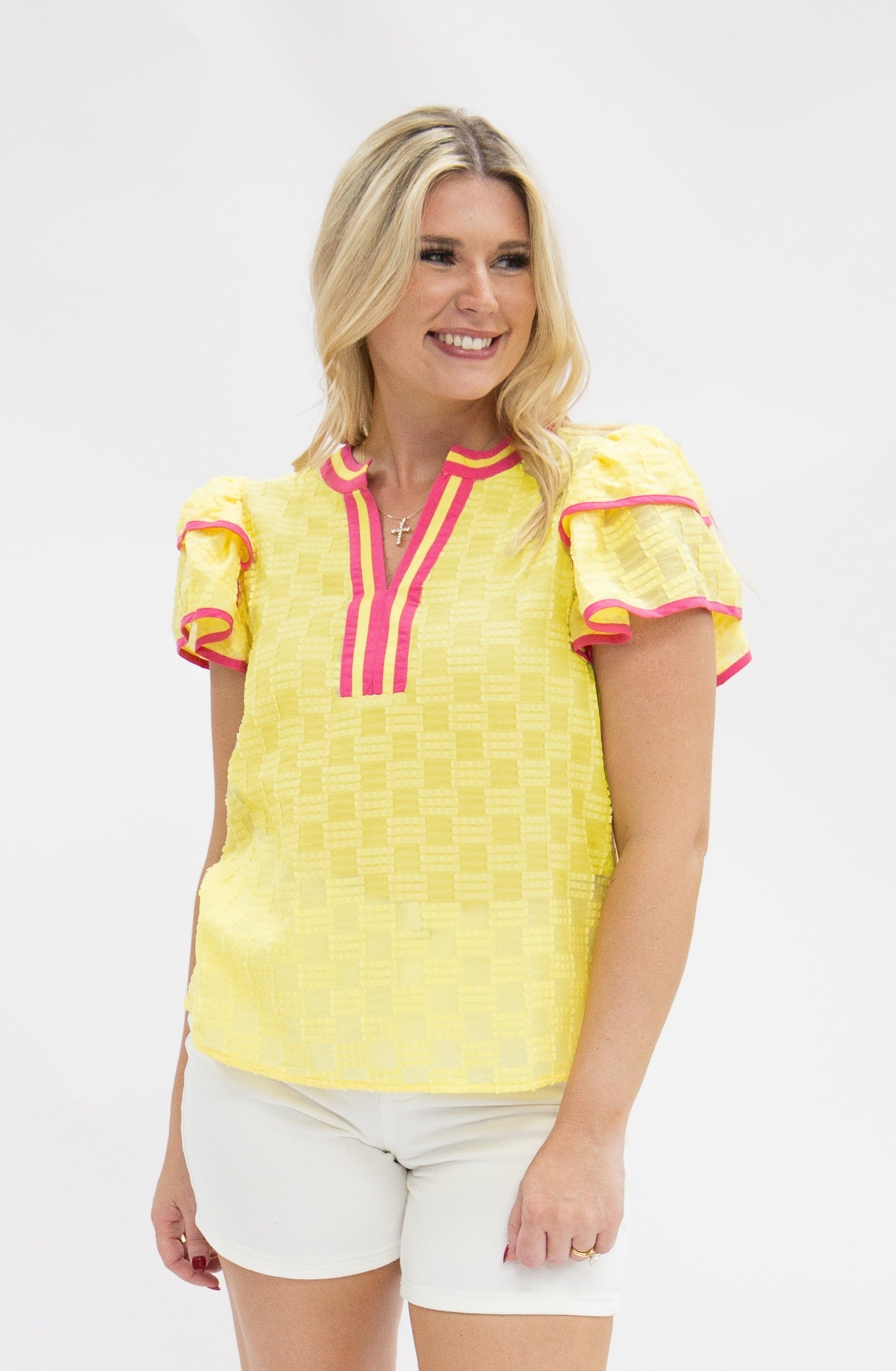 V-Neck Flutter Sleeve Top, Yellow