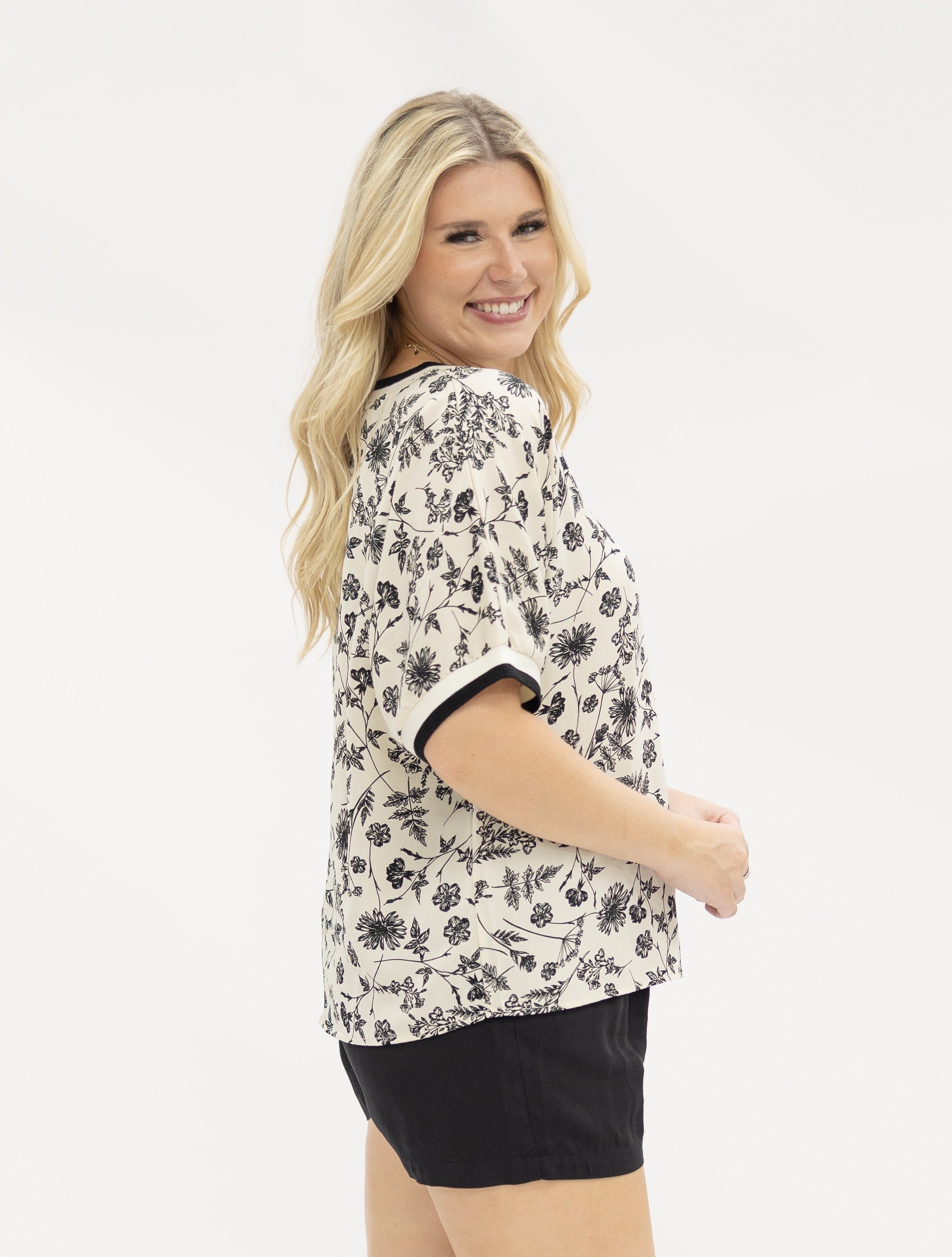V-Neck Top with Ribbing Detail, Black & Ivory