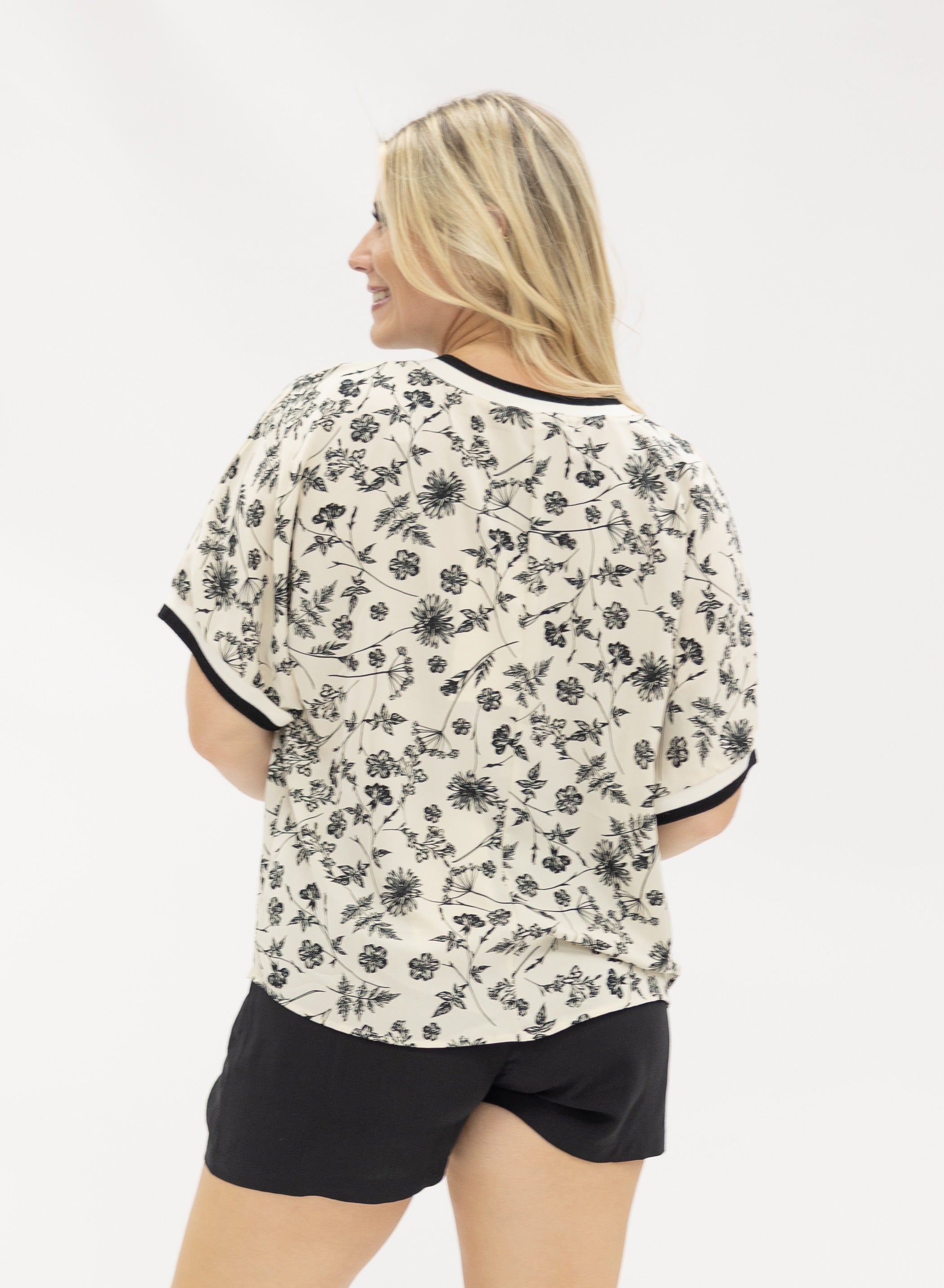 V-Neck Top with Ribbing Detail, Black & Ivory