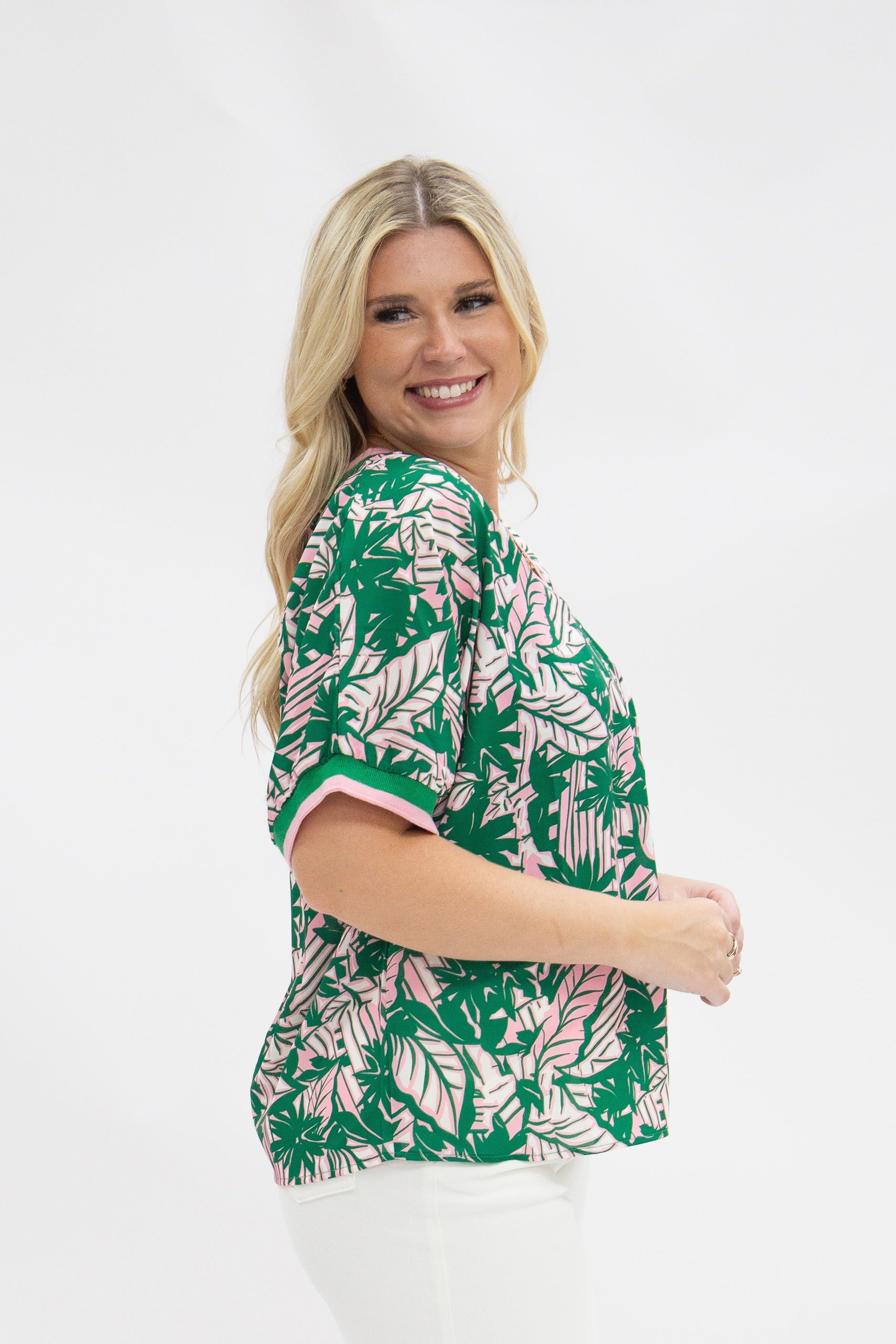 V-Neck Top with Ribbing Detail, Pink & Green