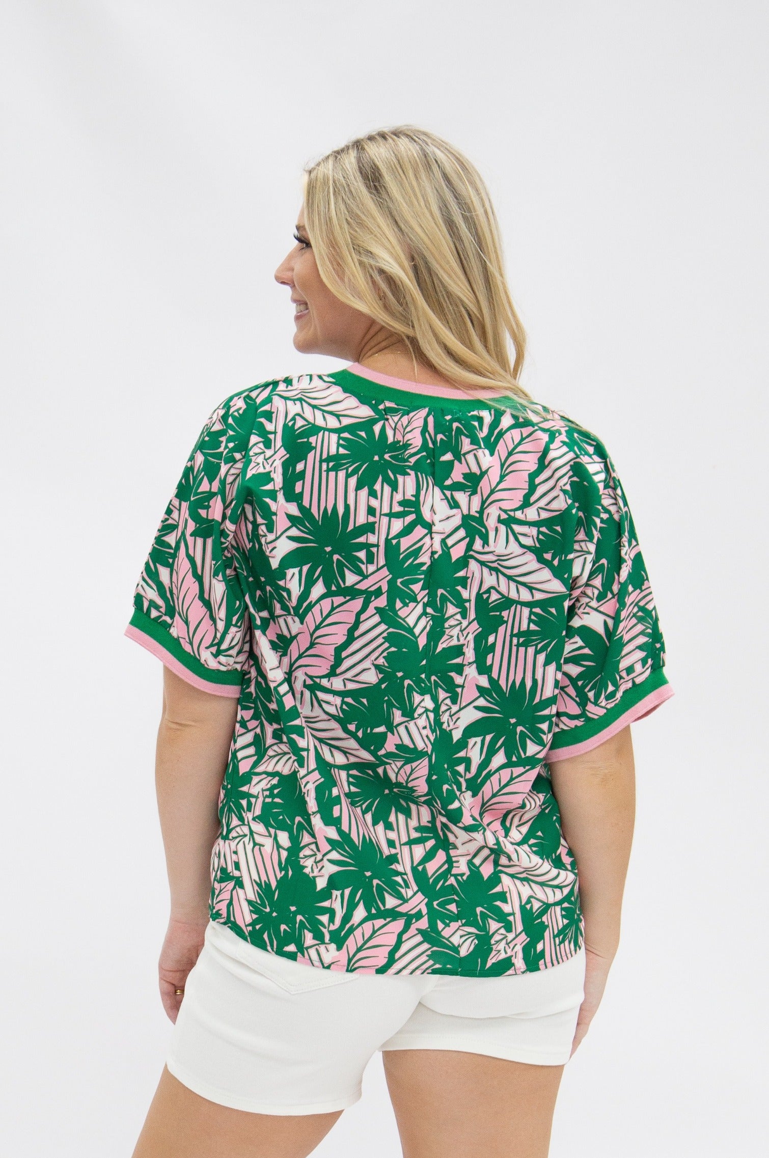 V-Neck Top with Ribbing Detail, Pink & Green