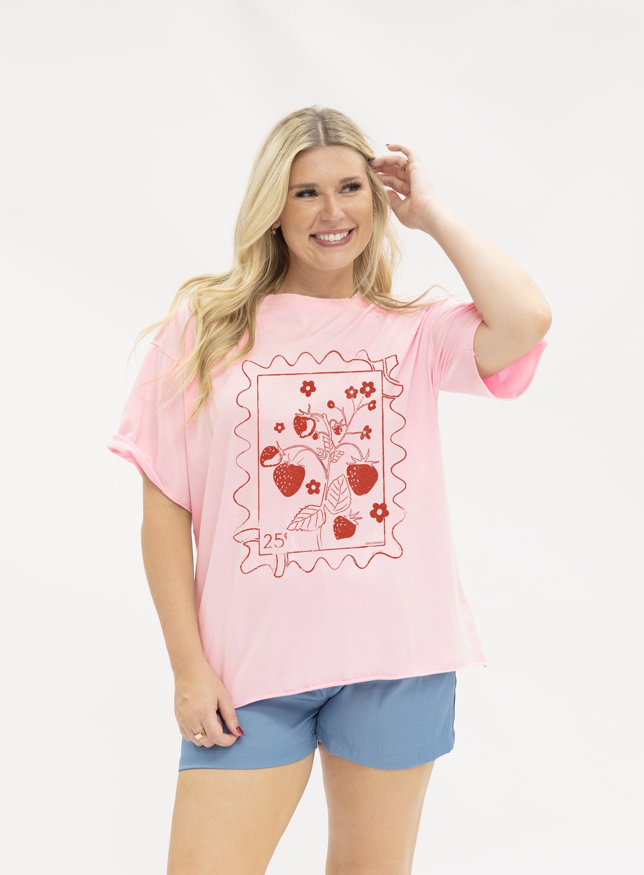 Strawberry Stamp On Pink Relaxed Fit Tee