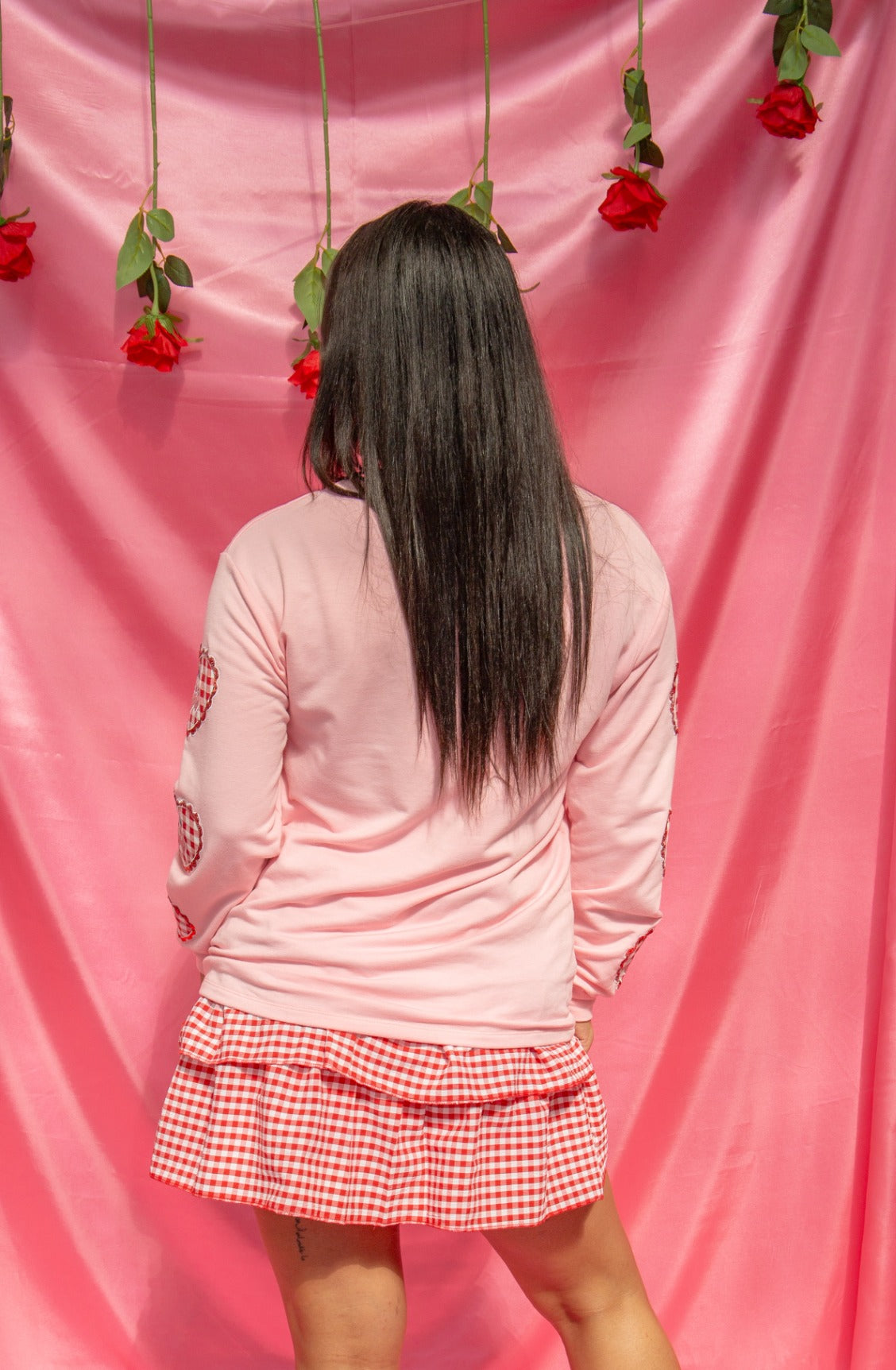 Gingham "Love" on Pink Top