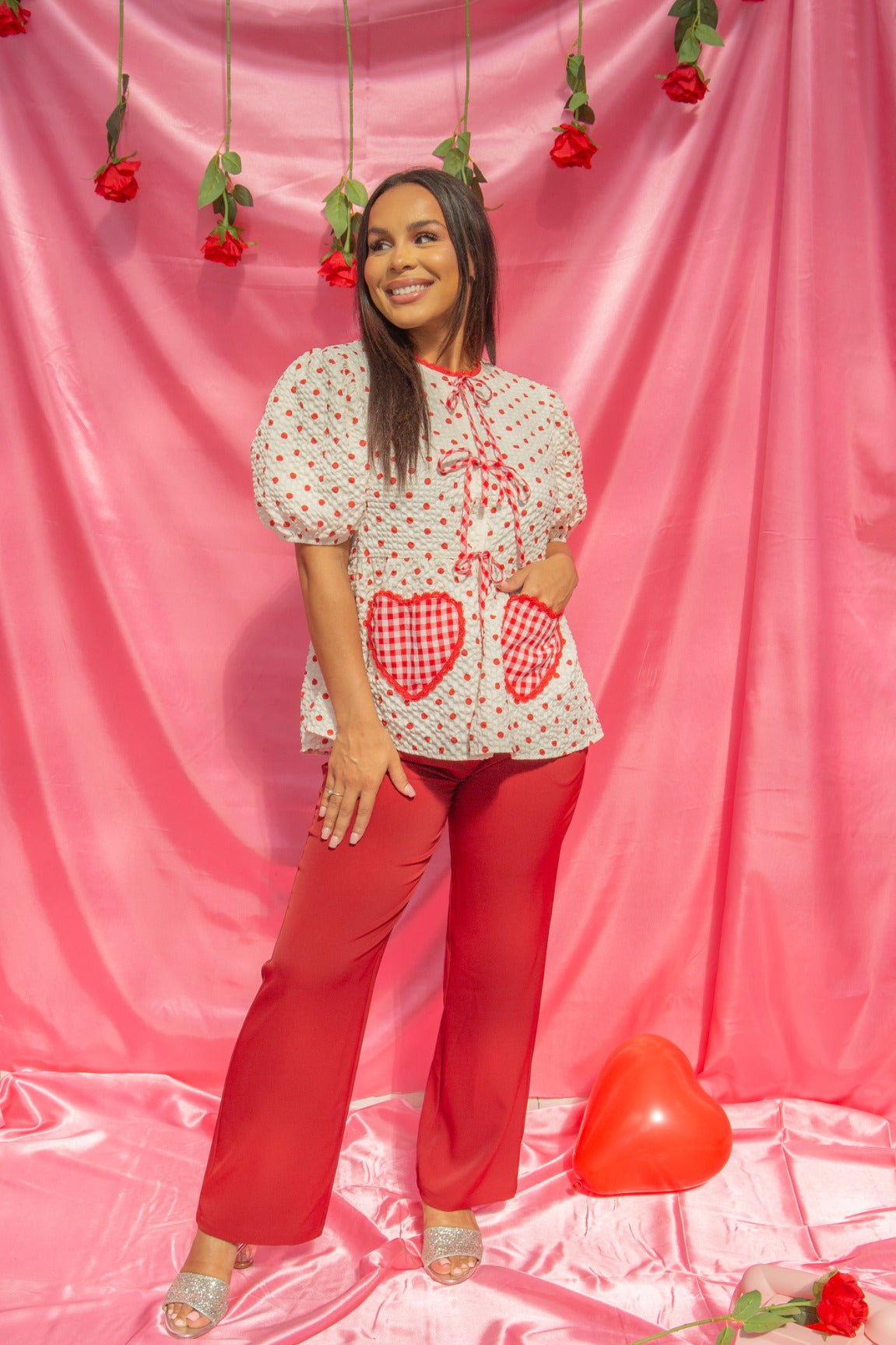 Polka-Dot Blouse with Bows, Red