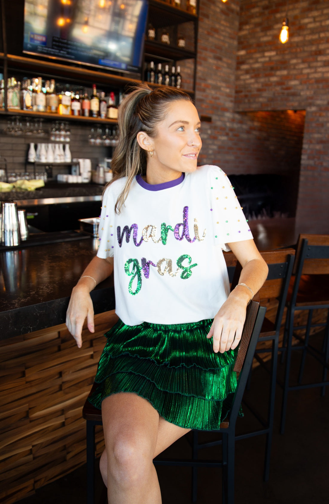 Sequin "Mardi Gras" on White Princess Top