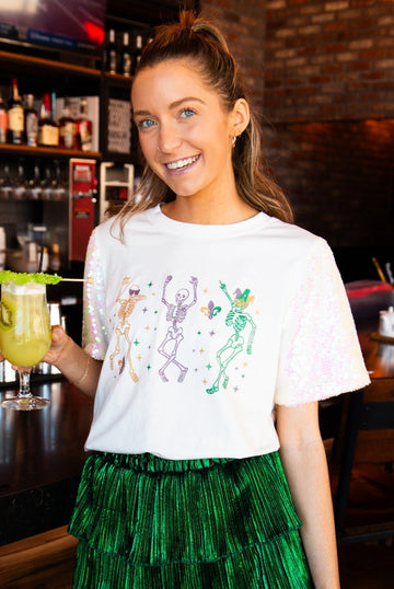Dancing Mardi Gras Skeleton on Princess Top, White