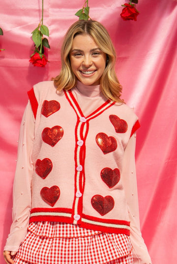 Sequin Hearts on Pink Sweater Vest