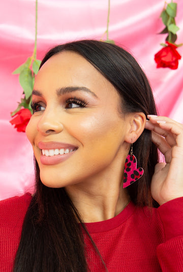 Love Is In The Air Fuchsia Leopard Heart Shaped Earrings