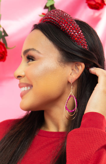 You've Got Me Mesmerized Gold Teardrop Red Crystal Beaded Hoop Earrings