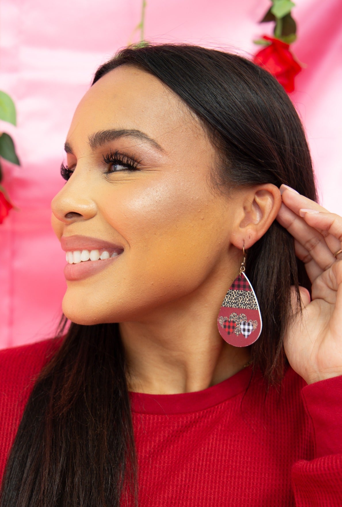 Sing Me A Country Love Song Red Teardrop Leopard Buffalo Plaid Earrings