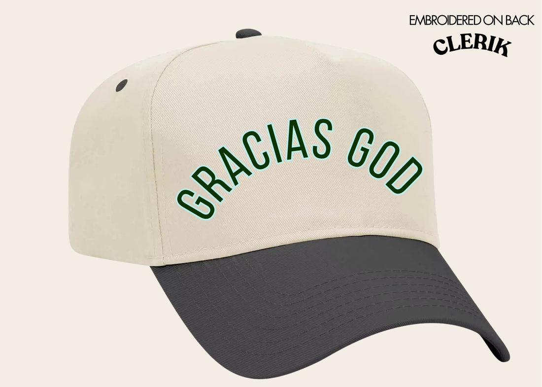 "Gracias God" on Tan Cap with Black Bill