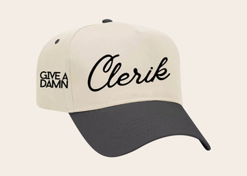 "Clerik" on Tan Cap with Black Bill