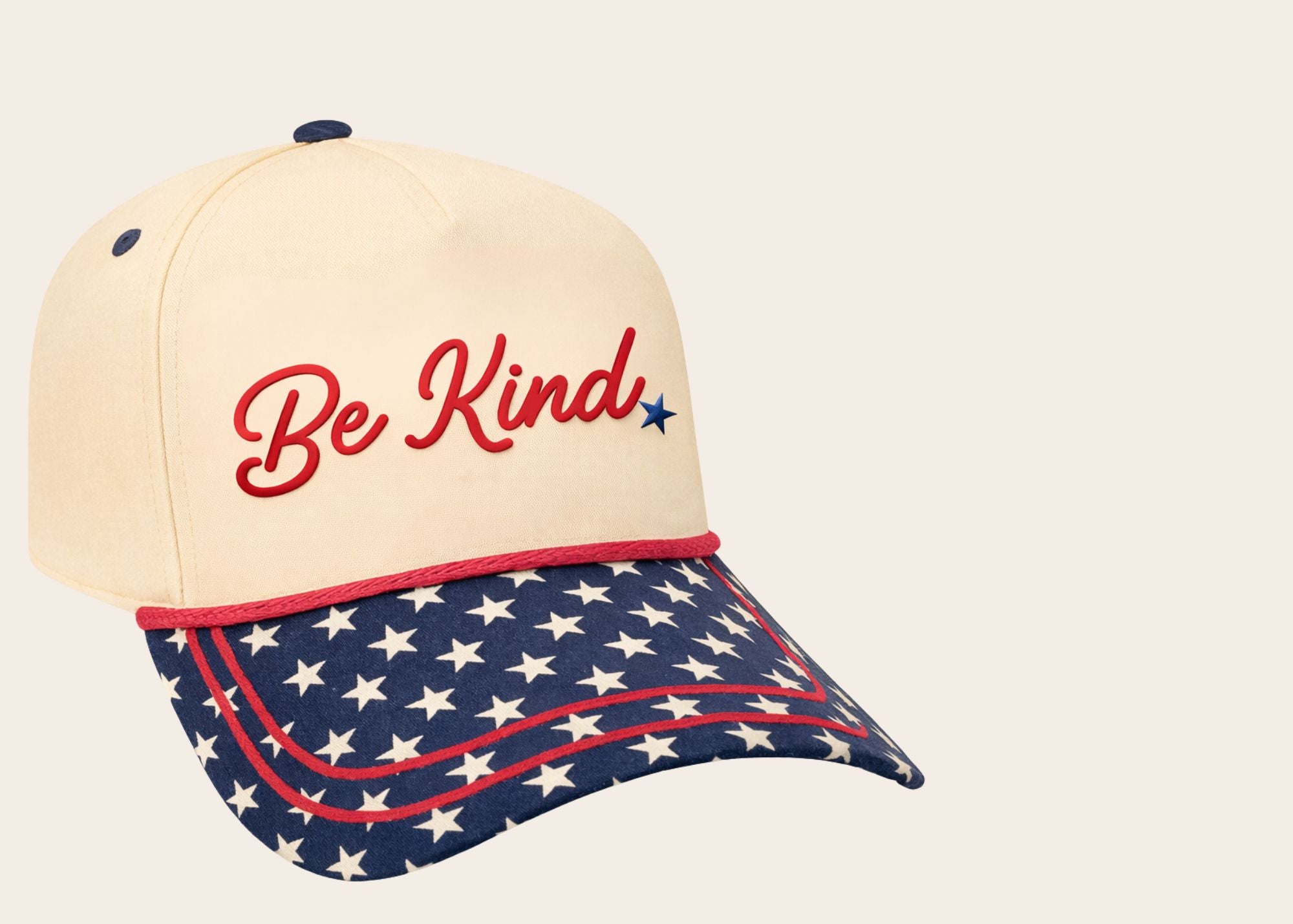 "Be Kind" on Tan Cap with Blue Stars Bill