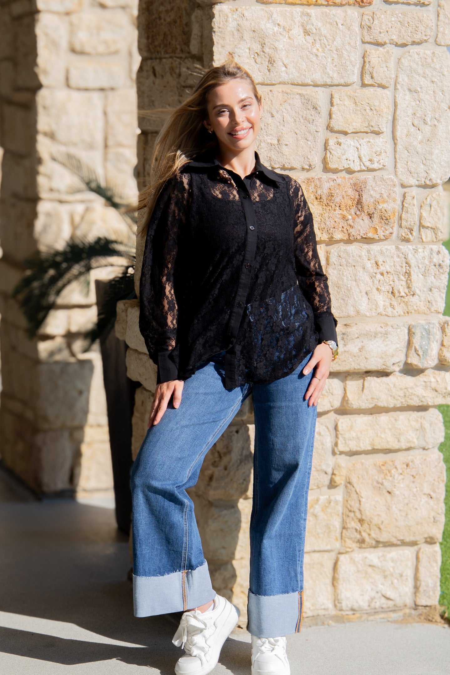 Kathryn Classic Button-Up, Black Lace