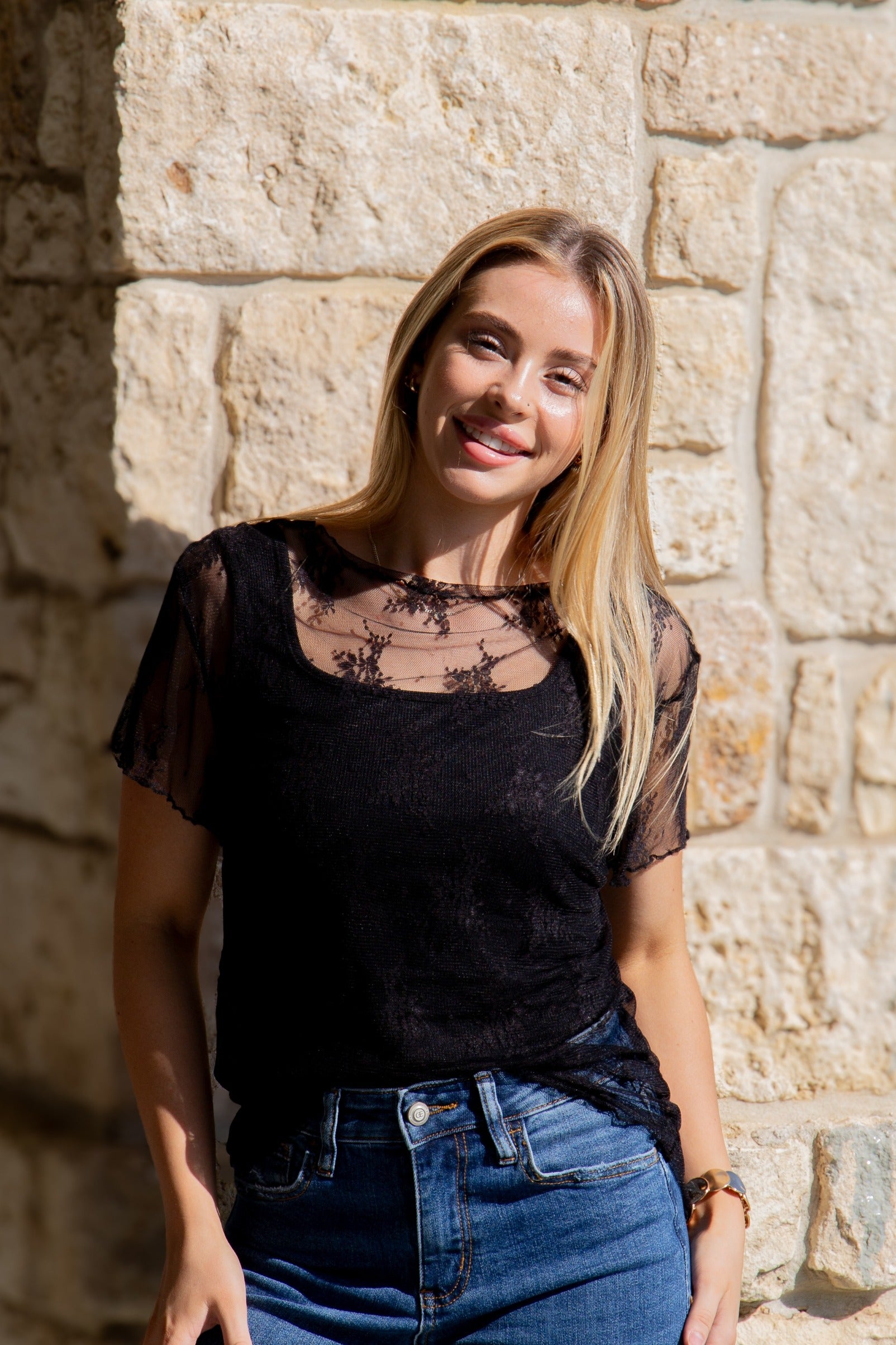 Lace Short-Sleeve Top, Black