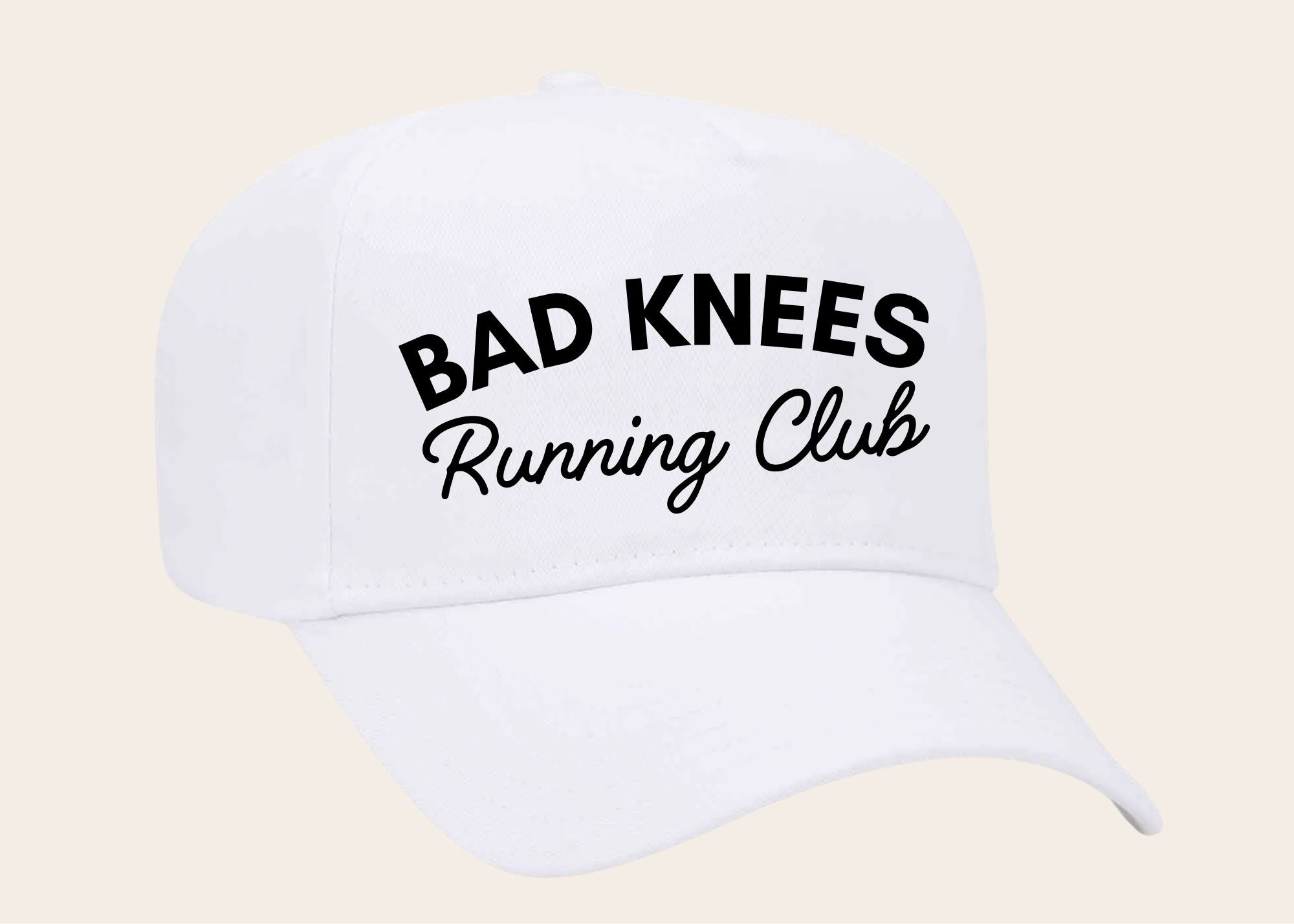 "Bad Knees Running Club" on White Cap