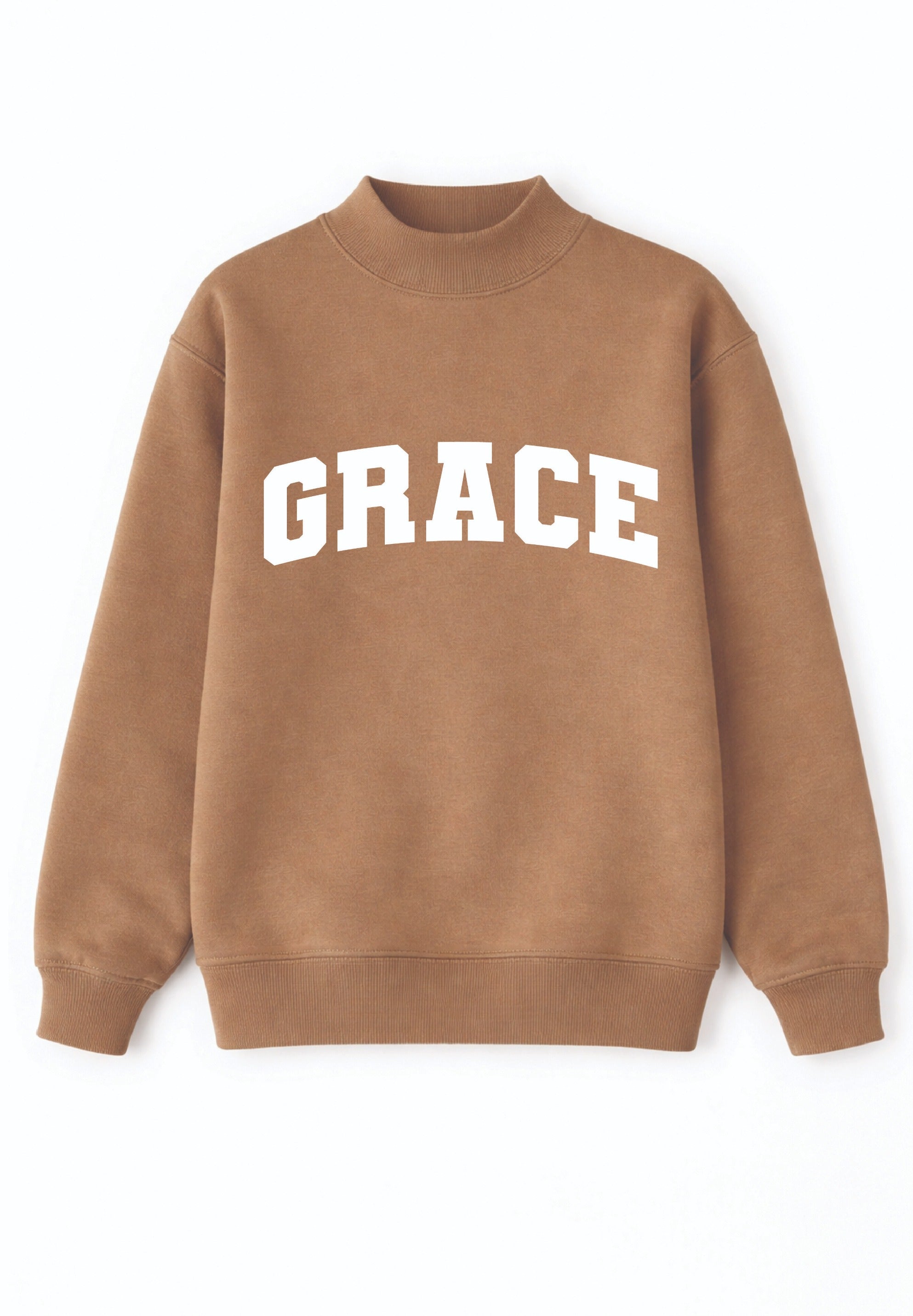 'Grace' on Mock Neck Sweatshirt, Brown