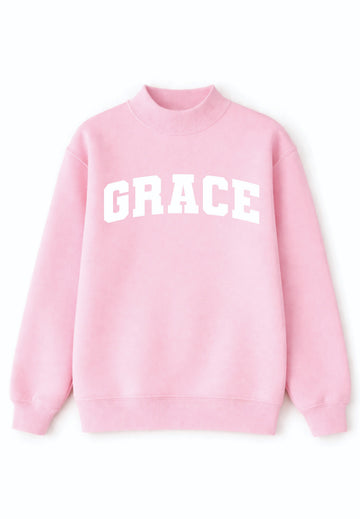 'Grace' on Mock Neck Sweatshirt, Light Pink