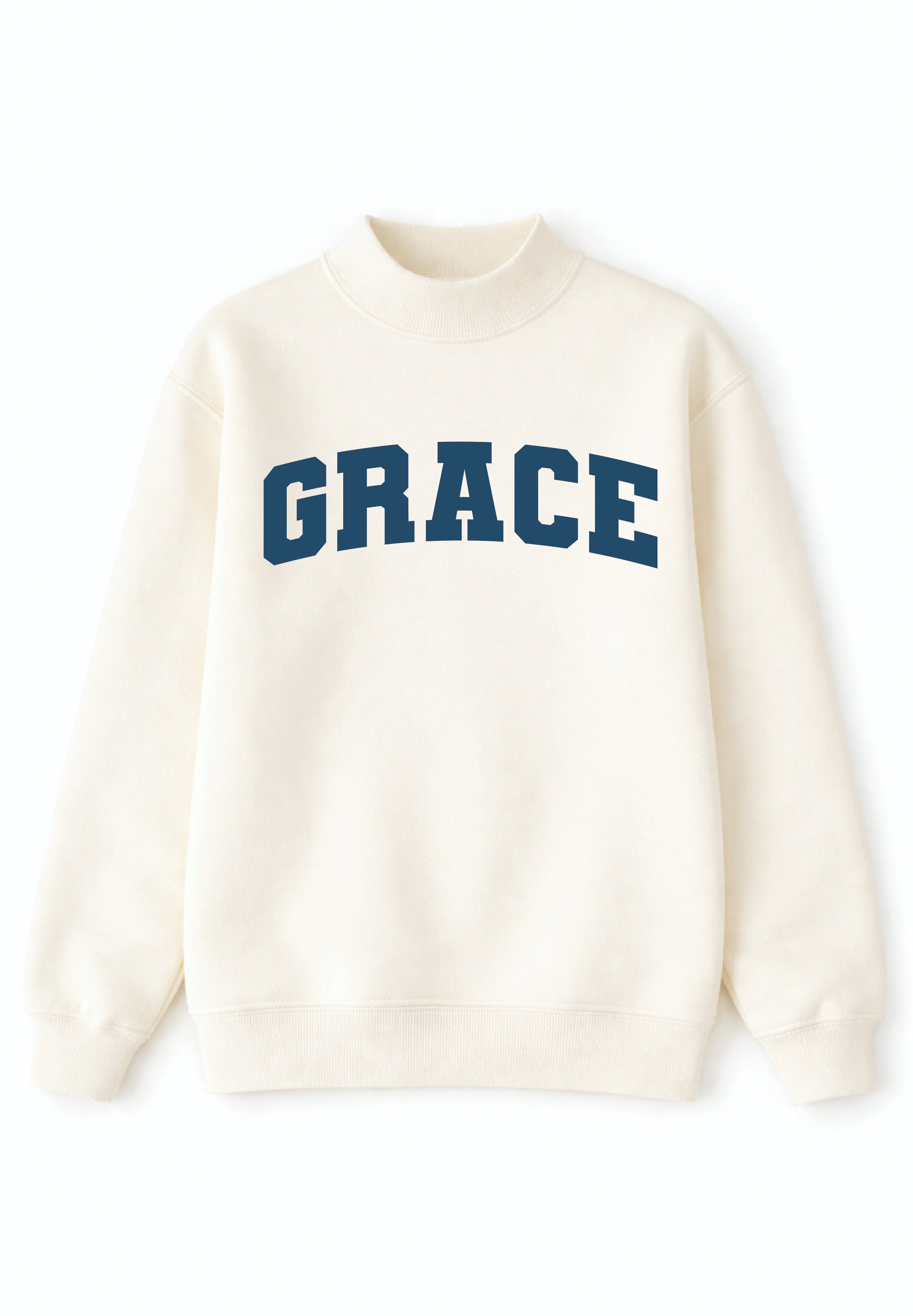 'Grace' on Mock Neck Sweatshirt, Ivory