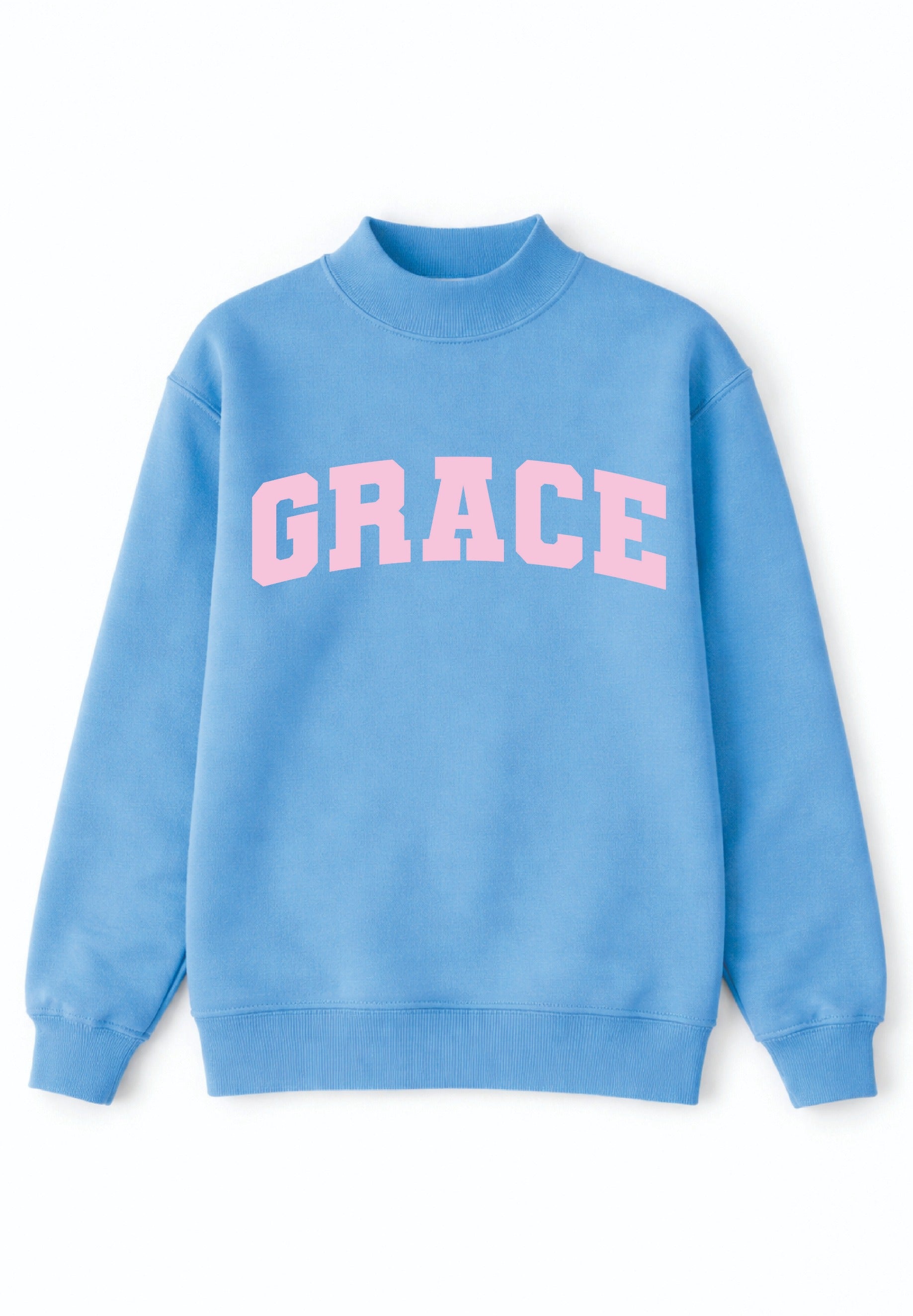 'Grace' on Mock Neck Sweatshirt, Blue