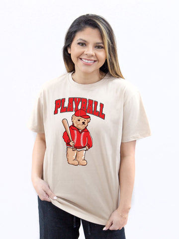 "Playball" Bear on Beige Tee Shirt