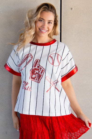 Basball Glitter Elements on White Striped Top